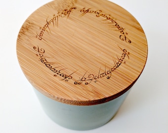 Tolkien The One Ring inscription stoneware canister, laser engraved on bamboo lid