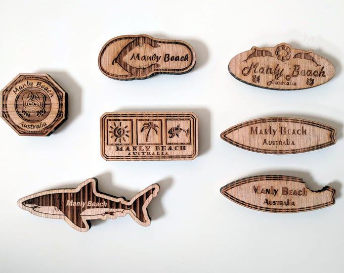 Manly Beach solid wood fridge magnet, laser engraved and laser cut from Tasmanian Oak wood, 100% Australian hand made, Australia souvenir.