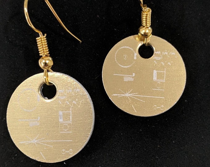 Voyager Golden Record earrings - laser engraved, with gold plated wire hooks. Pair them with the matching Voyager pendant!