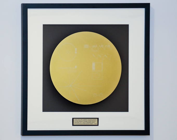 Framed full size replica of NASA Voyager Golden Record, laser engraved, framed wall art.