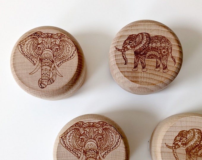 Elephant wooden ring box, small wooden box with laser engraved elephant. Twist top box, perfect for a ring or a small keepsake. Two designs.