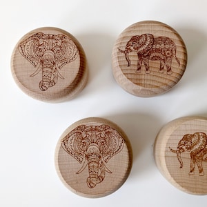 Elephant wooden ring box, small wooden box with laser engraved elephant. Twist top box, perfect for a ring or a small keepsake. Two designs.