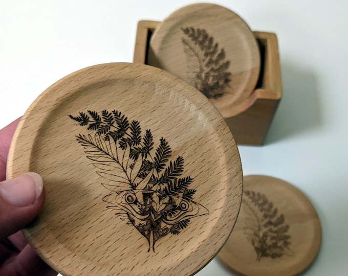 TLOU coaster set of 6 solid wood coasters in a box, Ellie's Tattoo laser engraved on each coaster. The Last of Us inspired