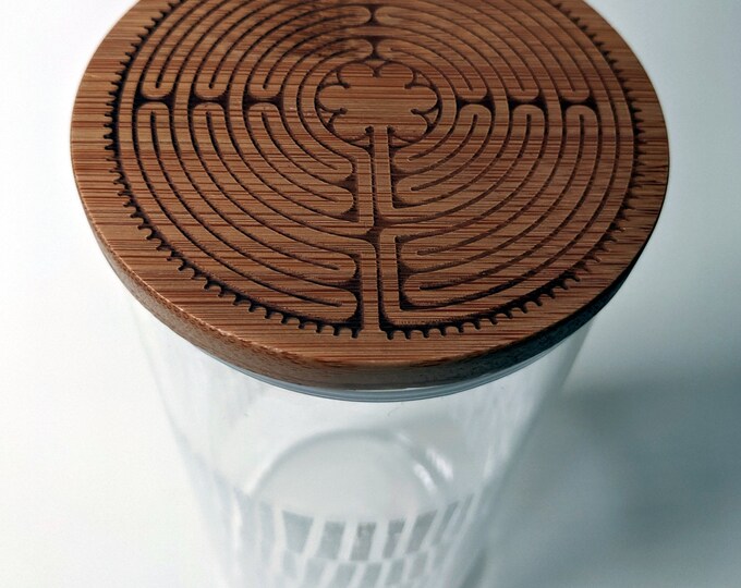 Labyrinth tall glass canister with laser engraved bamboo lid. Notre-Dame de Chartres Cathedral labyrinth, Paris France