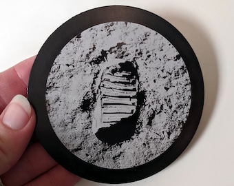 Footprint on the Moon - Buzz Aldrin's bootprint. Set of four laser engraved coasters. Metal coasters with felt backing. Apollo mission 1969