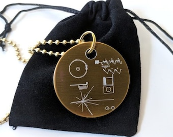 Voyager Golden Record pendant - necklace - laser engraved, in a black velvet drawstring pouch. Includes 80cm ball chain. Can be customised!
