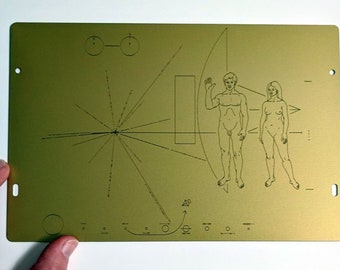 Clearance sale! -slightly scratched - Full size replica of NASA Pioneer Plaque, laser engraved and laser cut from golden aluminum.