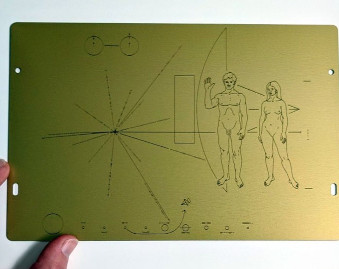 Clearance sale! -slightly scratched - Full size replica of NASA Pioneer Plaque, laser engraved and laser cut from golden aluminum.