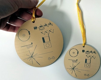 NASA Voyager Golden Record Christmas tree ornament, metallic gold, laser engraved decoration. Celebrate the Voyager missions this Christmas!