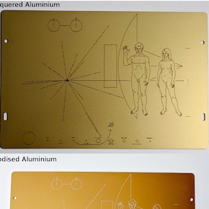 Full size metal replica of NASA Pioneer Plaque, laser engraved and laser cut from golden aluminum. Two colour options to choose from image 4