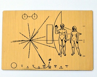 NASA Pioneer Plaque magnet, laser engraved golden metallic fridge magnet.