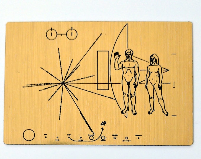 NASA Pioneer Plaque magnet, laser engraved golden metallic fridge magnet.