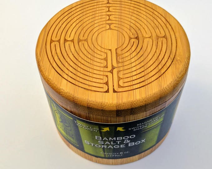 Labyrinth Bamboo Salt Box, Laser Engraved. Swivel top salt box.