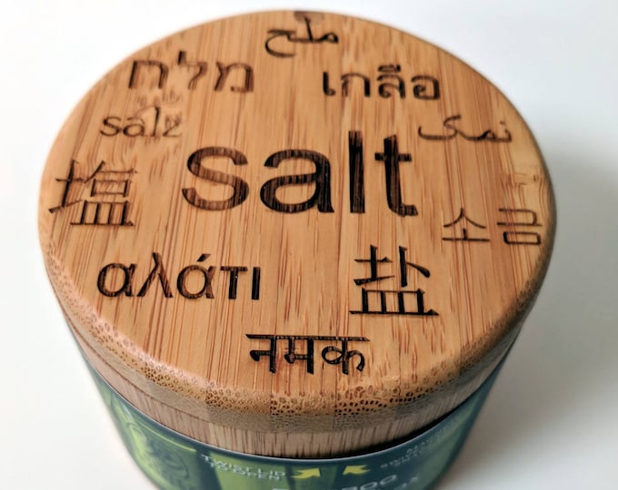 Bamboo Salt Box, Laser engraved with the word "Salt" in 11 different languages. Swivel top lid.  Free shipping!