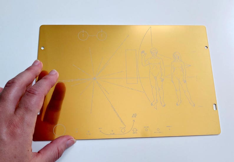 Full size metal replica of NASA Pioneer Plaque, laser engraved and laser cut from golden aluminum. Two colour options to choose from image 9