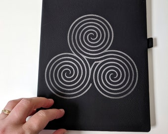Triple Labyrinth Notebook / Journal laser engraved on leatherette. Travel journal / diary. Vegan leather lined notebook with satin bookmark