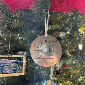NASA Voyager Golden Record Christmas tree ornament, metallic gold, laser engraved decoration. Celebrate the Voyager missions this Christmas image 3