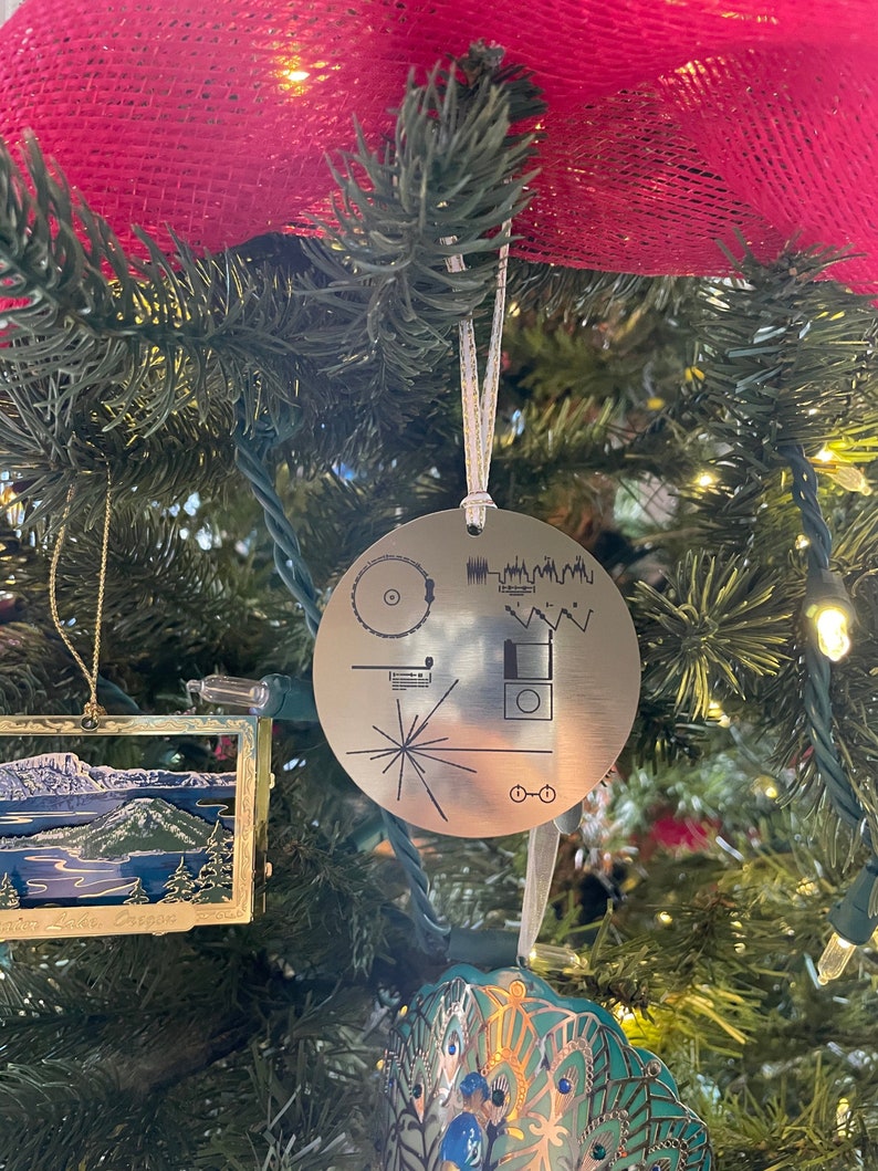 NASA Voyager Golden Record Christmas tree ornament, metallic gold, laser engraved decoration. Celebrate the Voyager missions this Christmas image 3