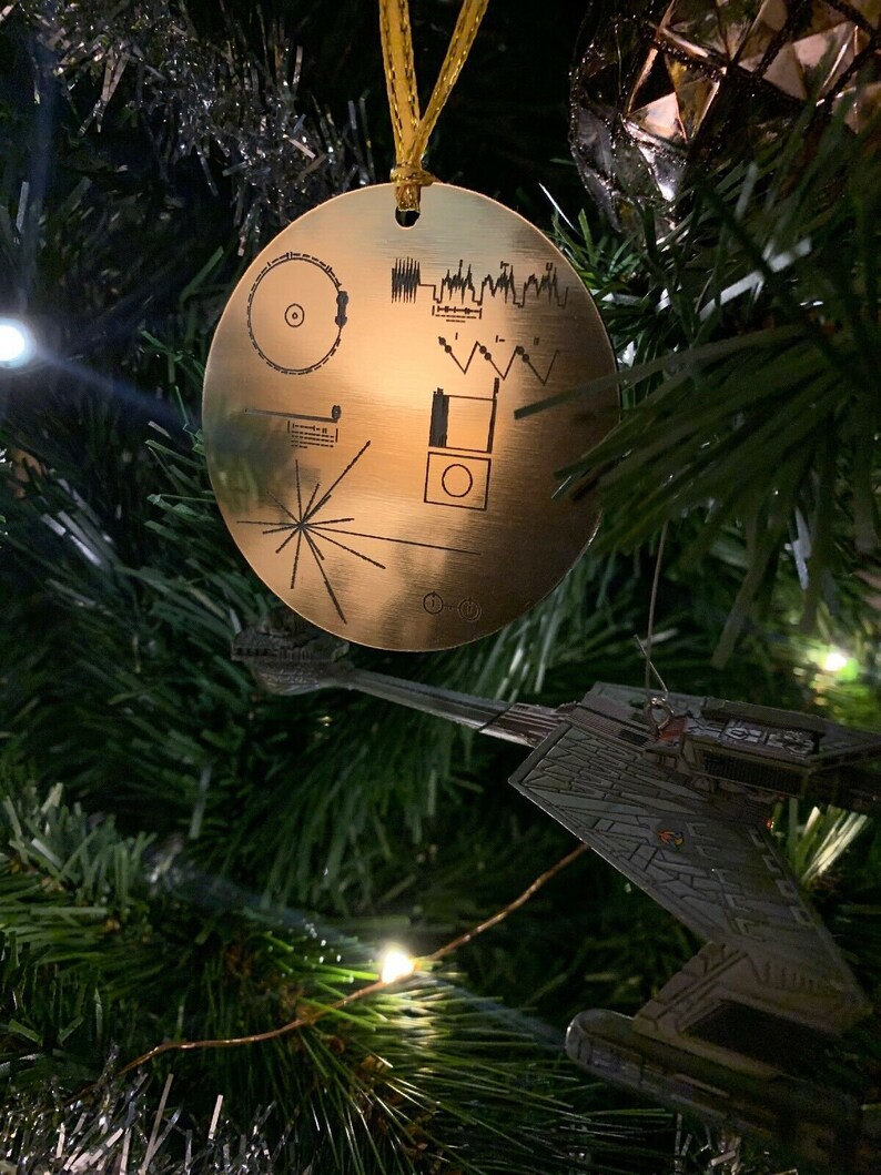 NASA Voyager Golden Record Christmas tree ornament, metallic gold, laser engraved decoration. Celebrate the Voyager missions this Christmas image 5