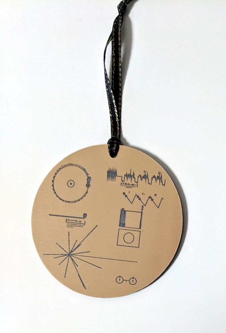 NASA Voyager Golden Record Christmas tree ornament, metallic gold, laser engraved decoration. Celebrate the Voyager missions this Christmas Black