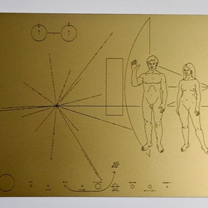 Full size metal replica of NASA Pioneer Plaque, laser engraved and laser cut from golden aluminum. Two colour options to choose from image 6