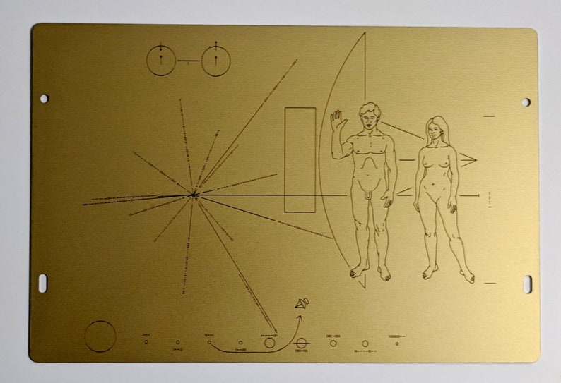 Full size metal replica of NASA Pioneer Plaque, laser engraved and laser cut from golden aluminum. Two colour options to choose from image 6