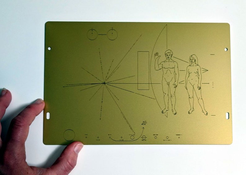 Full size metal replica of NASA Pioneer Plaque, laser engraved and laser cut from golden aluminum. Two colour options to choose from Lacquered aluminium