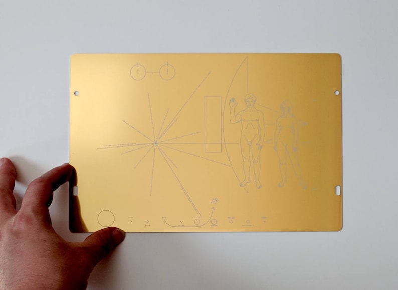 Full size metal replica of NASA Pioneer Plaque, laser engraved and laser cut from golden aluminum. Two colour options to choose from Anodised aluminium