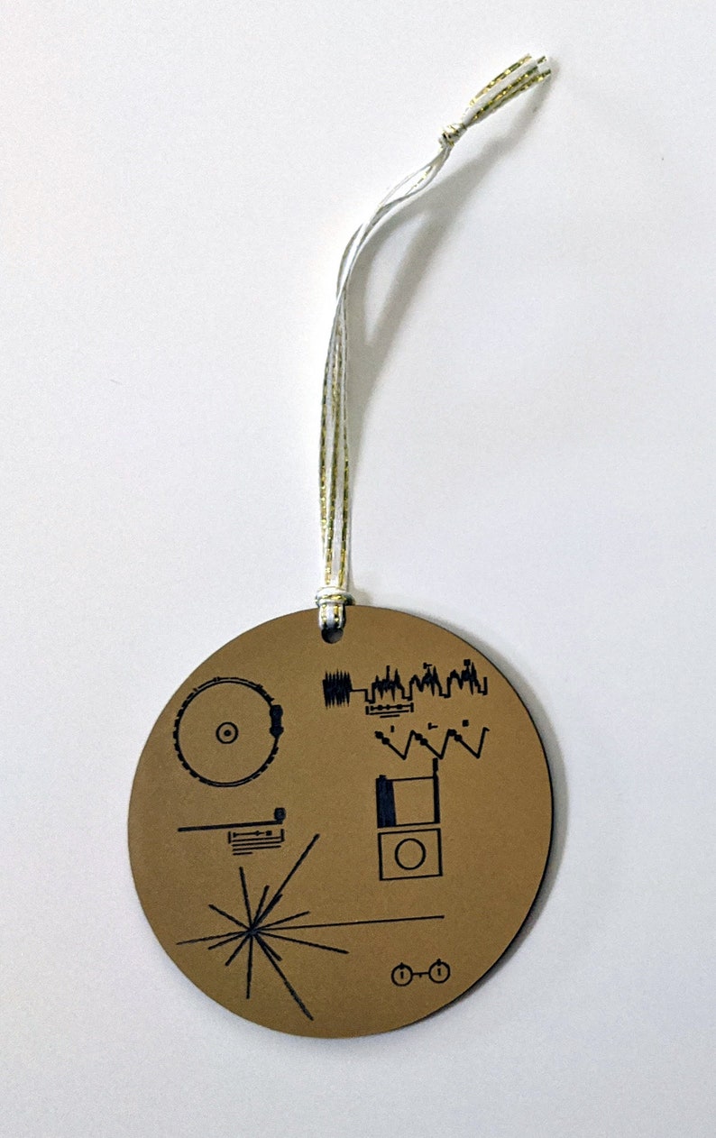 NASA Voyager Golden Record Christmas tree ornament, metallic gold, laser engraved decoration. Celebrate the Voyager missions this Christmas White