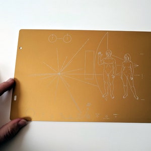 Full size metal replica of NASA Pioneer Plaque, laser engraved and laser cut from golden aluminum. Two colour options to choose from image 10