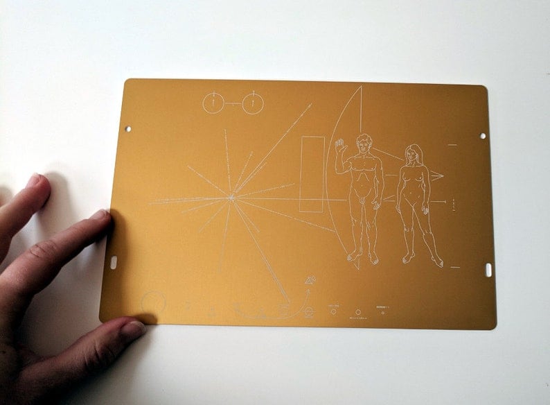 Full size metal replica of NASA Pioneer Plaque, laser engraved and laser cut from golden aluminum. Two colour options to choose from image 10