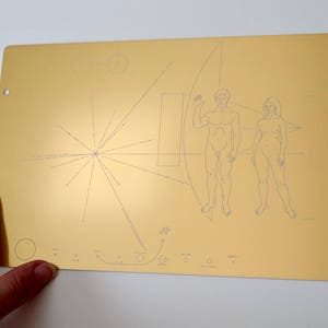 Full size metal replica of NASA Pioneer Plaque, laser engraved and laser cut from golden aluminum. Two colour options to choose from image 7