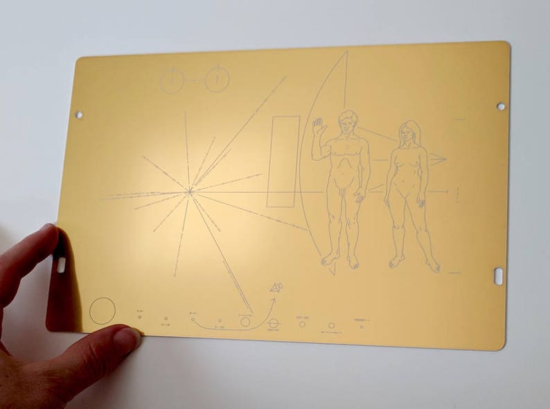 Full size metal replica of NASA Pioneer Plaque, laser engraved and laser cut from golden aluminum. Two colour options to choose from image 7