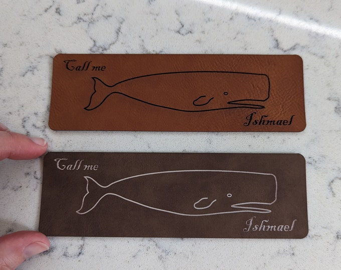 Moby Dick whale bookmark - Call Me Ishmael. Sperm whale, laser engraved on soft, vegan leatherette. Handmade in Australia.
