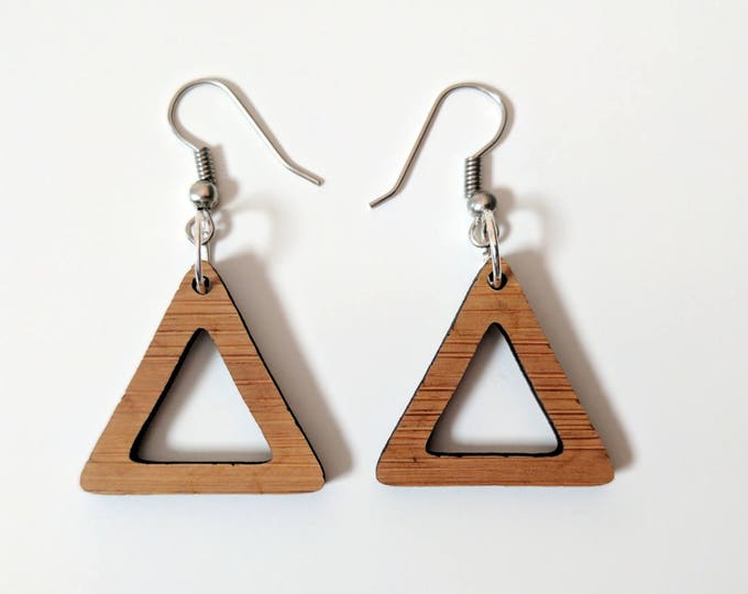 Laser cut drop earrings, triangles. Hand made from bamboo.