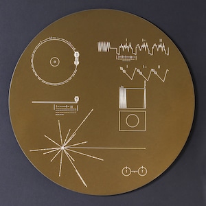 Full size metal replica of NASA Voyager Golden Record cover, laser engraved on aluminium. Celebrate the Voyager missions Glossy, no hole