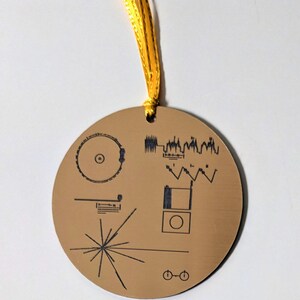 NASA Voyager Golden Record Christmas tree ornament, metallic gold, laser engraved decoration. Celebrate the Voyager missions this Christmas Gold