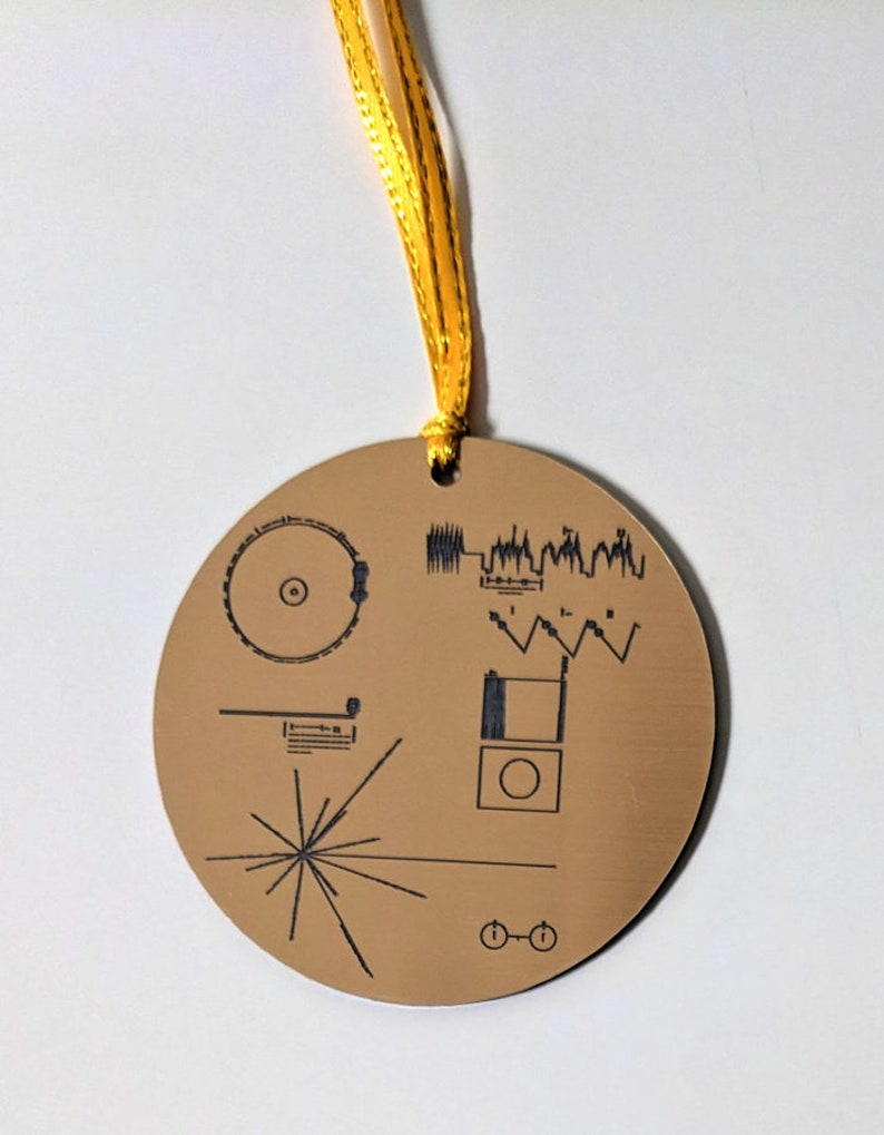 NASA Voyager Golden Record Christmas tree ornament, metallic gold, laser engraved decoration. Celebrate the Voyager missions this Christmas Gold