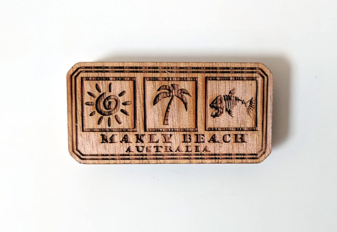 Manly Beach solid wood fridge laser engraved and laser cut from