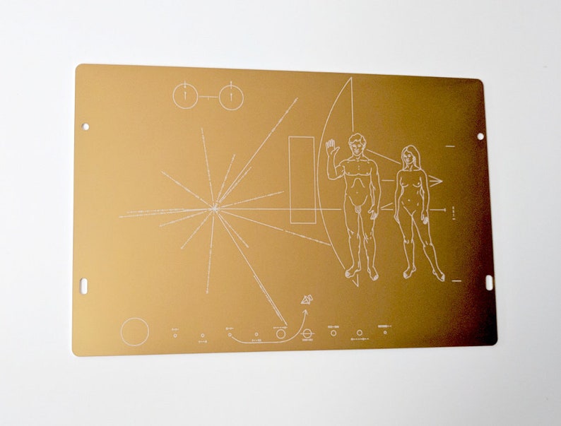 Full size metal replica of NASA Pioneer Plaque, laser engraved and laser cut from golden aluminum. Two colour options to choose from image 5