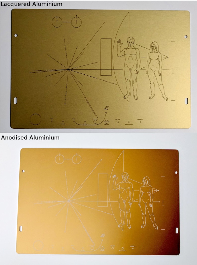 Full size metal replica of NASA Pioneer Plaque, laser engraved and laser cut from golden aluminum. Two colour options to choose from image 4