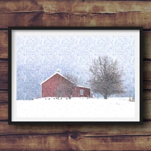Vermont Red Barn in the Snow Digital Art Print Rustic Decor 5x7 8x10 11x14 16x20