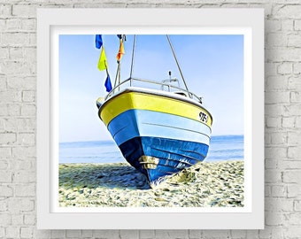Coastal Fishing Boat Blue and  Yellow Square Digital Art Print