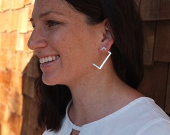 Geometric ear jackets, front back earring, silver earrings, minimalist earrings, modern studs, rectangle earrings, statement earrings | SONE