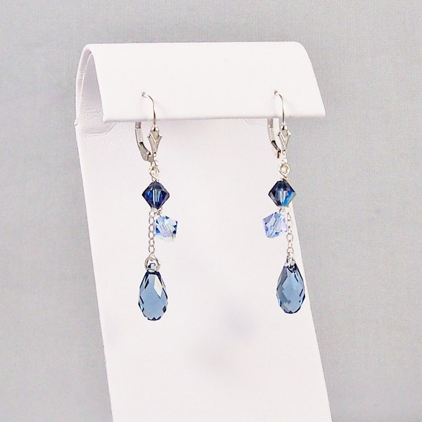 Denim Blue Crystal Teardrop Earrings, Sterling Silver & Briolette Crystal Jewelry, Lightweight Everyday Earrings, Casual to Dressy Style