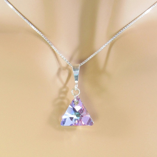 Purple Crystal Triangle Prism Pendant with Sterling Silver Bail, Vitrail Light Lavender Pink & Blue Necklace Jewelry, Modern Geometric Drop