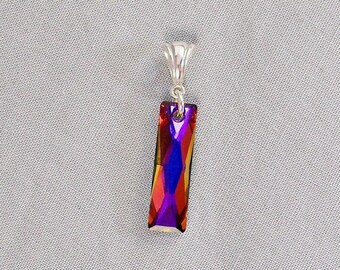 Crystal Volcano Rectangle Pendant Sterling Silver Bail, Blue Purple Gold Prism Jewelry, Rainbow Column Necklace Gift, Multi Color Layering