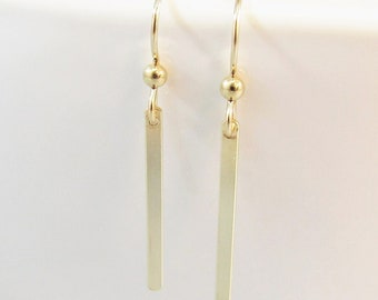 Simple Gold Bar Earrings, Small 14K Gold Fill Minimalist Jewelry, Slim Rectangle Dangle, Dainty Everyday Modern Accessory Short Vertical Bar