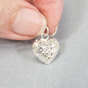 Small Sterling Silver Heart Charm, Tiny Puffy Heart Pendant Dangle, Hollow Clover Filigreed Drop for Necklaces Bracelets or Earrings