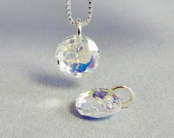 Aurora Borealis Small Crystal Dangle, Circle Crystal Bracelet Charm, Iridescent Necklace Pendant, April Birthstone Charm Add On Sterling